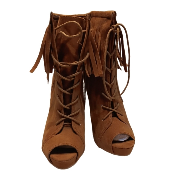 Anne Michell Stelletto Ankle Boot Fringe Lace-Up Peep Toe W Size 6 Brown 4" Heel - Picture 1 of 7
